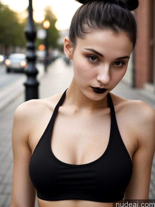 ai nude image of there is a woman with a black top and a black tie on her head pics of Small Tits Beautiful Skinny 18 Black Hair Russian Street Close-up View Goth Tank Top Hair Bun