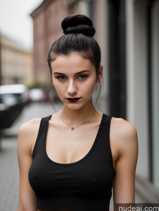 ai nude image of arafed woman with a black top and a black skirt pics of Small Tits Beautiful Skinny 18 Black Hair Russian Street Close-up View Goth Tank Top Hair Bun