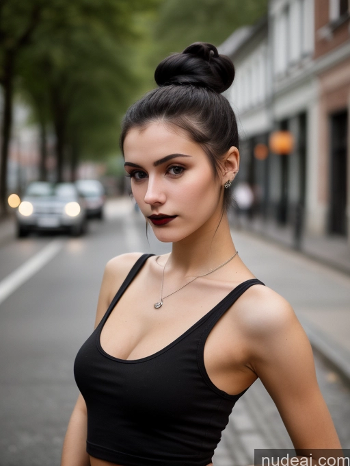 ai nude image of there is a woman with a black top and a black skirt pics of Small Tits Beautiful Skinny 18 Black Hair Russian Street Close-up View Goth Tank Top Hair Bun