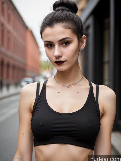 ai nude image of arafed woman with a black top and a black skirt pics of Small Tits Beautiful Skinny 18 Black Hair Russian Street Close-up View Goth Tank Top Hair Bun