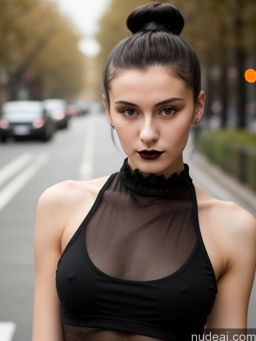 ai nude image of there is a woman with a black top and a black skirt pics of Small Tits Beautiful Skinny 18 Black Hair Russian Street Close-up View Goth Tank Top Hair Bun