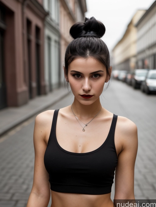 ai nude image of there is a woman in a black top and a black skirt pics of Small Tits Beautiful Skinny 18 Black Hair Russian Street Close-up View Goth Tank Top Hair Bun