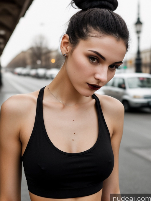 ai nude image of arafed woman in a black top and a black skirt on a street pics of Small Tits Beautiful Skinny 18 Black Hair Russian Street Close-up View Goth Tank Top Hair Bun