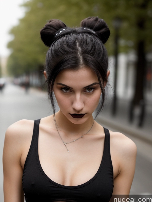 ai nude image of arafed woman with a black top and a black top with a black lip pics of Small Tits Beautiful Skinny 18 Black Hair Russian Street Close-up View Goth Tank Top Hair Bun