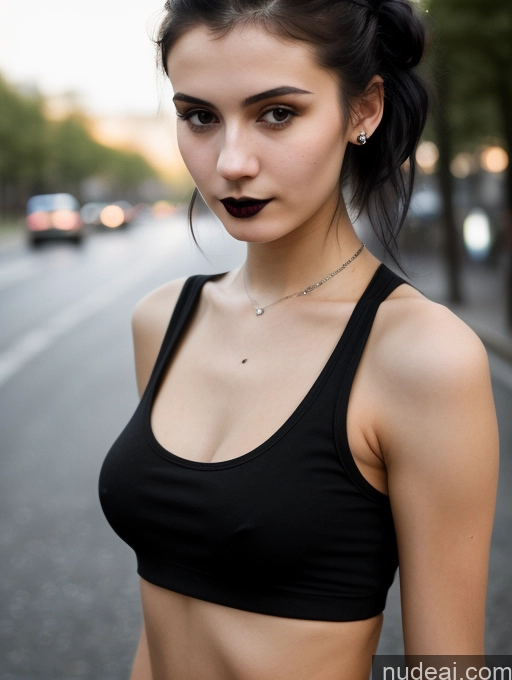 ai nude image of arafed woman with black lipstick and a black bra top pics of Small Tits Beautiful Skinny 18 Black Hair Russian Street Close-up View Goth Tank Top Hair Bun