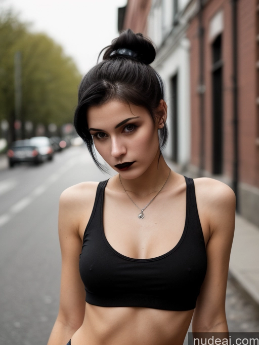 ai nude image of there is a woman with a black top and a black skirt pics of Small Tits Beautiful Skinny 18 Black Hair Russian Street Close-up View Goth Tank Top Hair Bun