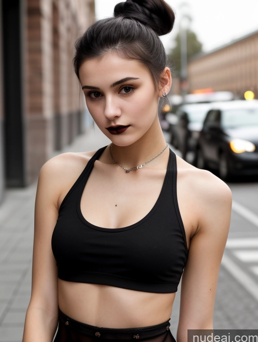 ai nude image of arafed woman with a black top and a black skirt pics of Small Tits Beautiful Skinny 18 Black Hair Russian Street Close-up View Goth Tank Top Hair Bun