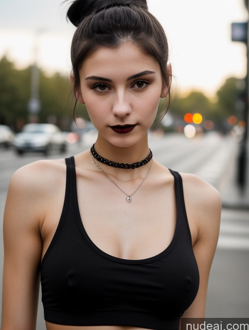 ai nude image of there is a woman with a black top and a choke on her neck pics of Small Tits Beautiful Skinny 18 Black Hair Russian Street Close-up View Goth Tank Top Hair Bun