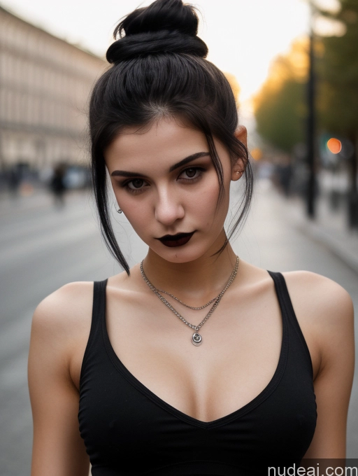 ai nude image of arafed woman with a black top and a black choke and a necklace pics of Small Tits Beautiful Skinny 18 Black Hair Russian Street Close-up View Goth Tank Top Hair Bun