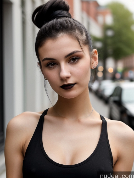 ai nude image of arafed woman with black lipstick and a black top pics of Small Tits Beautiful Skinny 18 Black Hair Russian Street Close-up View Goth Tank Top Hair Bun