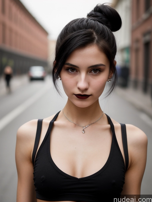 ai nude image of arafed woman with a black bra top and a cross necklace pics of Small Tits Beautiful Skinny 18 Black Hair Russian Street Close-up View Goth Tank Top Hair Bun