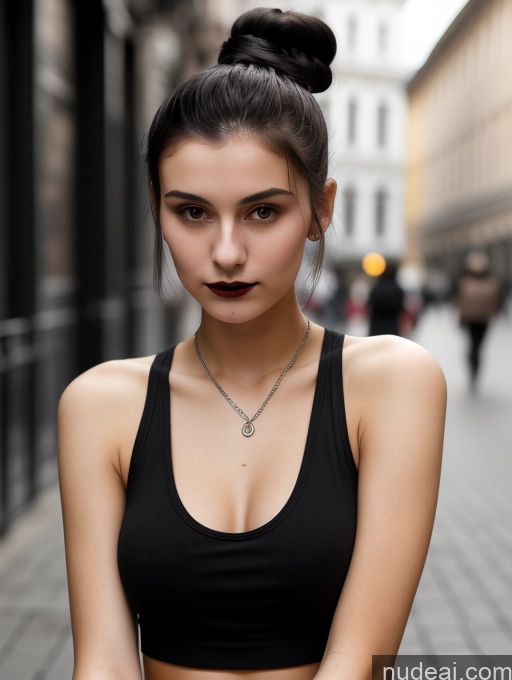 ai nude image of arafed woman with a black top and a black skirt on a city street pics of Small Tits Beautiful Skinny 18 Black Hair Russian Street Close-up View Goth Tank Top Hair Bun