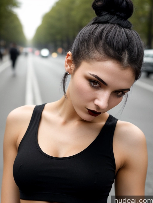 ai nude image of there is a woman with a black top and a black top pics of Small Tits Beautiful Skinny 18 Black Hair Russian Street Close-up View Goth Tank Top Hair Bun