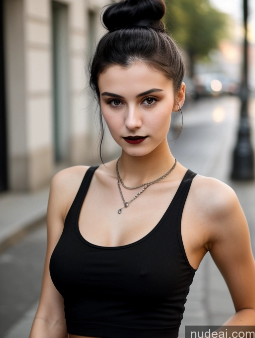 ai nude image of there is a woman with a black top and a black skirt pics of Small Tits Beautiful Skinny 18 Black Hair Russian Street Close-up View Goth Tank Top Hair Bun