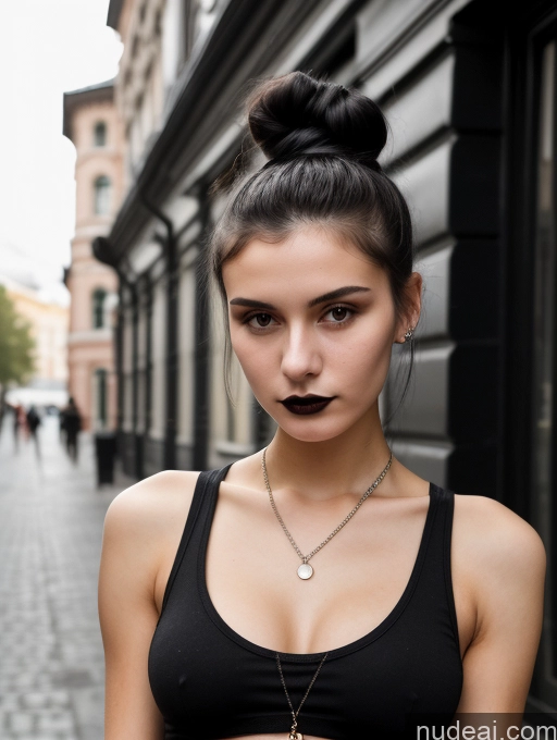 ai nude image of arafed woman with a black top and a necklace on her neck pics of Small Tits Beautiful Skinny 18 Black Hair Russian Street Close-up View Goth Tank Top Hair Bun