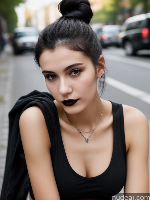 ai nude image of arafed woman with black lipstick and a black top on a city street pics of Small Tits Beautiful Skinny 18 Black Hair Russian Street Close-up View Goth Tank Top Hair Bun