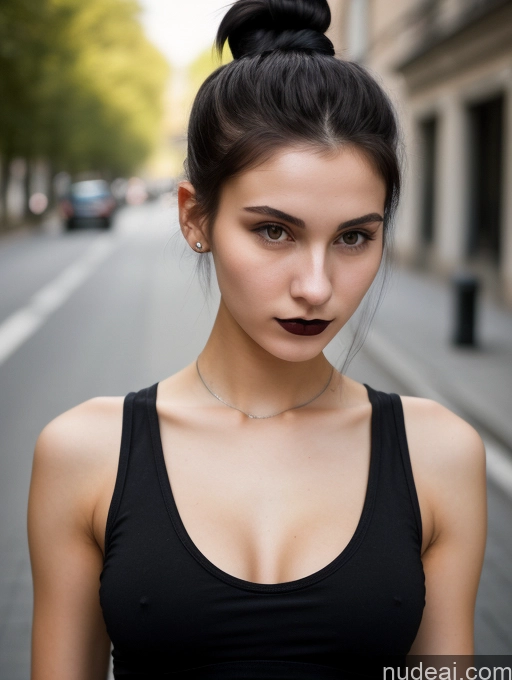 ai nude image of there is a woman with a black top and a black top pics of Small Tits Beautiful Skinny 18 Black Hair Russian Street Close-up View Goth Tank Top Hair Bun