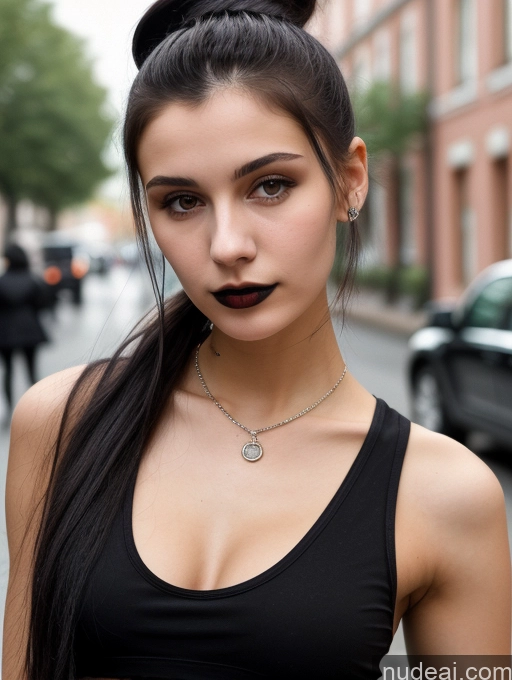 ai nude image of arafed woman with a black top and a black choke pics of Small Tits Beautiful Skinny 18 Black Hair Russian Street Close-up View Goth Tank Top Hair Bun