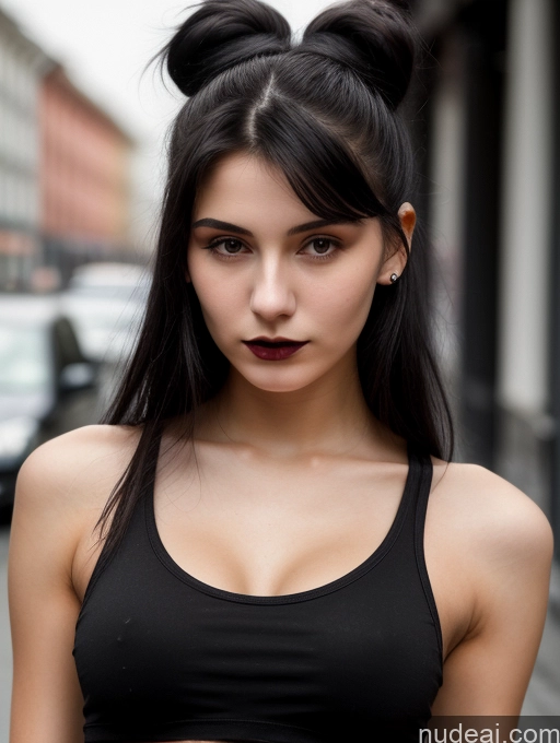 ai nude image of arafed woman with a black top and a black skirt pics of Small Tits Beautiful Skinny 18 Black Hair Russian Street Close-up View Goth Tank Top Hair Bun