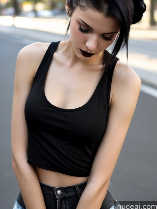 related ai porn images free for Small Tits Beautiful Skinny 18 Black Hair Russian Street Close-up View Goth Tank Top Hair Bun