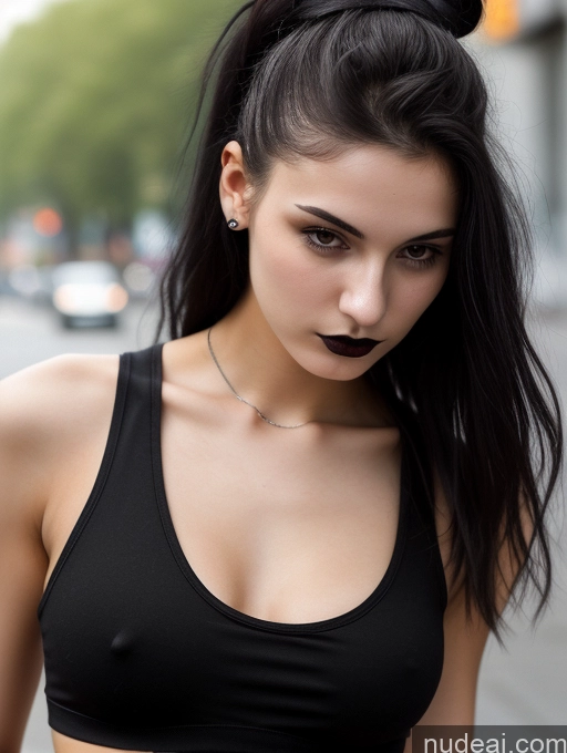 ai nude image of arafed woman with black hair and a black bra top pics of Small Tits Beautiful Skinny 18 Black Hair Russian Street Close-up View Goth Tank Top Hair Bun