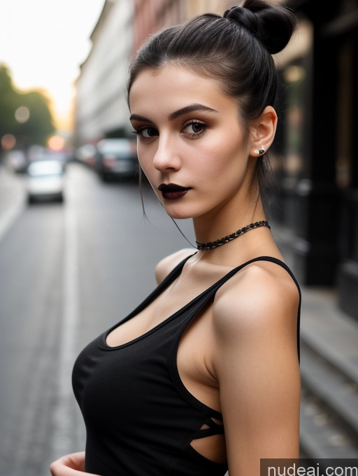 related ai porn images free for Small Tits Beautiful Skinny 18 Black Hair Russian Street Close-up View Goth Tank Top Hair Bun