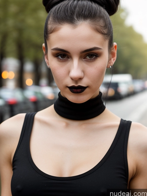 ai nude image of arafed woman with a black top and a black choke pics of Small Tits Beautiful Skinny 18 Black Hair Russian Street Close-up View Goth Tank Top Hair Bun