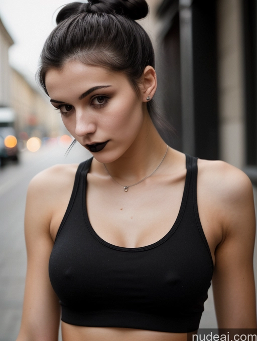 ai nude image of arafed woman with a black top and a black necklace pics of Small Tits Beautiful Skinny 18 Black Hair Russian Street Close-up View Goth Tank Top Hair Bun