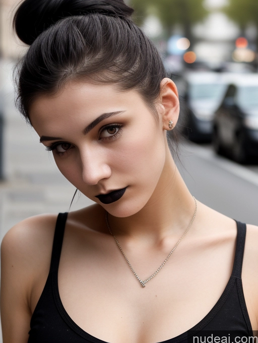 ai nude image of arafed woman with a black lip and a black top pics of Small Tits Beautiful Skinny 18 Black Hair Russian Street Close-up View Goth Tank Top Hair Bun