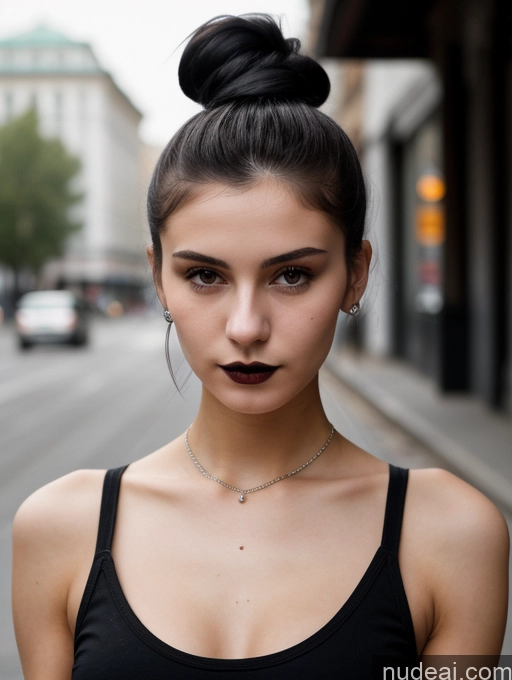 ai nude image of there is a woman with a black top and a black top pics of Small Tits Beautiful Skinny 18 Black Hair Russian Street Close-up View Goth Tank Top Hair Bun