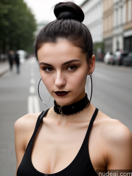 ai nude image of arafed woman with a black top and a black choke and hoop earrings pics of Small Tits Beautiful Skinny 18 Black Hair Russian Street Close-up View Goth Tank Top Hair Bun