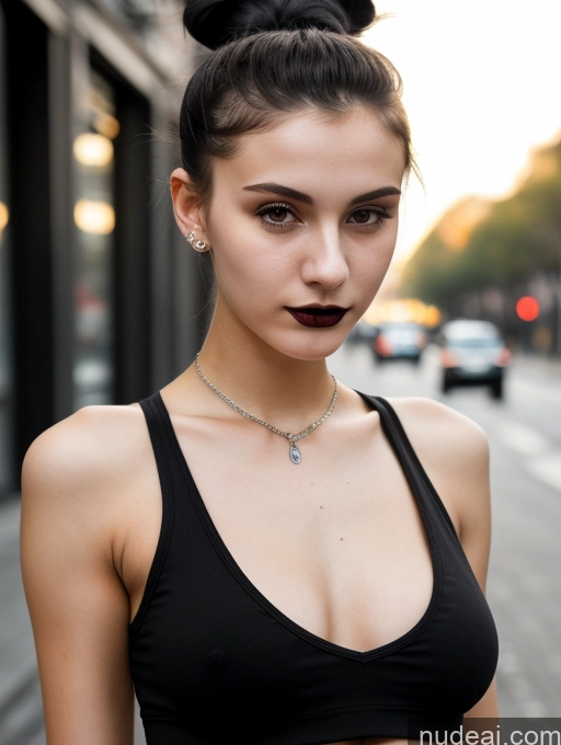 ai nude image of arafed woman with a black top and a black bra top pics of Small Tits Beautiful Skinny 18 Black Hair Russian Street Close-up View Goth Tank Top Hair Bun