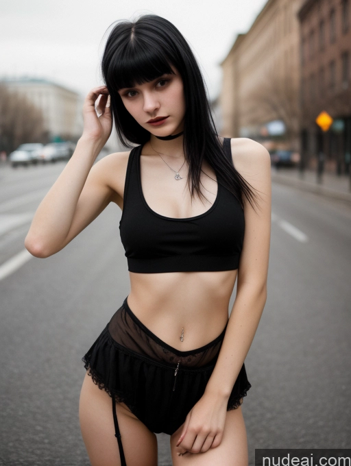 ai nude image of there is a woman in a black top and a black skirt pics of Small Tits Beautiful Skinny 18 Black Hair Russian Street Close-up View Goth Tank Top Bangs