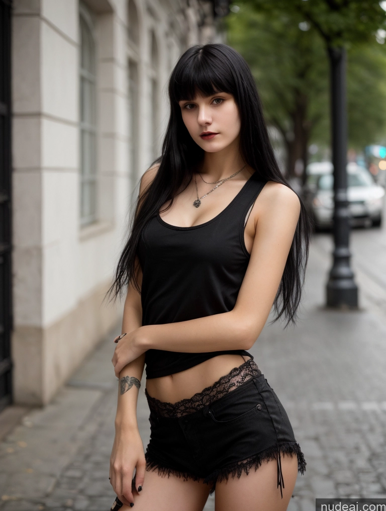 ai nude image of araffe woman in black top and shorts standing on a sidewalk pics of Small Tits Beautiful Skinny 18 Black Hair Russian Street Close-up View Goth Tank Top Bangs