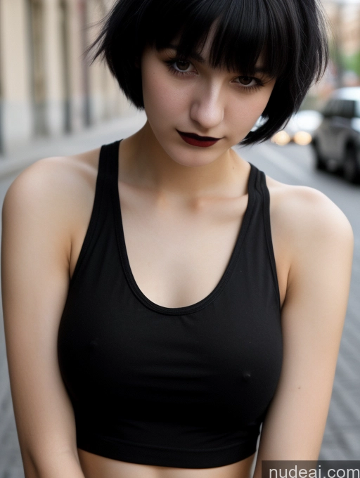 ai nude image of arafed woman in black top standing on street with cell phone pics of Small Tits Beautiful Skinny 18 Black Hair Russian Street Close-up View Goth Tank Top Bangs