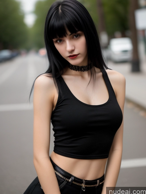 ai nude image of arafed woman in black top and black pants standing on street pics of Small Tits Beautiful Skinny 18 Black Hair Russian Street Close-up View Goth Tank Top Bangs