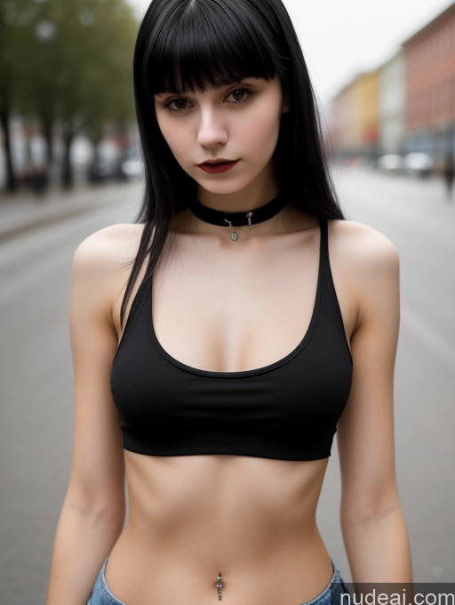 ai nude image of arafed woman with a cross tattoo on her chest and a choke pics of Small Tits Beautiful Skinny 18 Black Hair Russian Street Close-up View Goth Tank Top Bangs