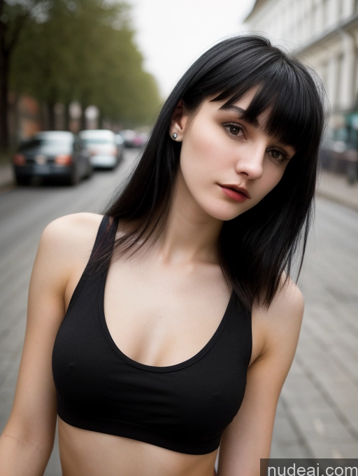 ai nude image of arafed woman in a black top standing on a city street pics of Small Tits Beautiful Skinny 18 Black Hair Russian Street Close-up View Goth Tank Top Bangs