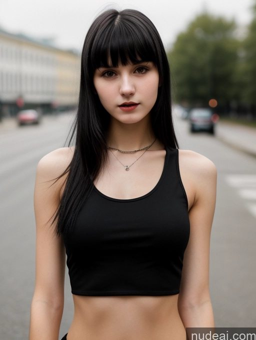 ai nude image of arafed woman with long black hair and a black top pics of Small Tits Beautiful Skinny 18 Black Hair Russian Street Close-up View Goth Tank Top Bangs