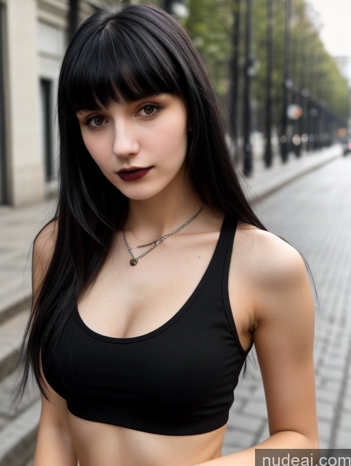 ai nude image of arafed woman in a black top and jeans standing on a street pics of Small Tits Beautiful Skinny 18 Black Hair Russian Street Close-up View Goth Tank Top Bangs