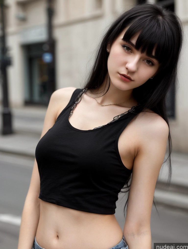 ai nude image of arafed woman in a black top and jeans standing on a street pics of Small Tits Beautiful Skinny 18 Black Hair Russian Street Close-up View Goth Tank Top Bangs