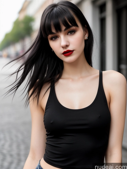 ai nude image of arafed woman with black hair and red lipstick posing for a picture pics of Small Tits Beautiful Skinny 18 Black Hair Russian Street Close-up View Goth Tank Top Bangs Lipstick