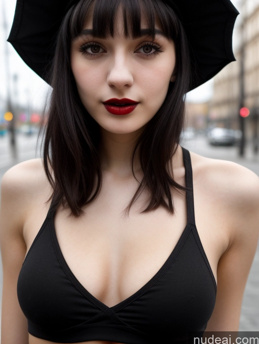 ai nude image of arafed woman with black hat and red lipstick posing for a picture pics of Small Tits Beautiful Skinny 18 Black Hair Russian Street Close-up View Goth Tank Top Bangs Lipstick