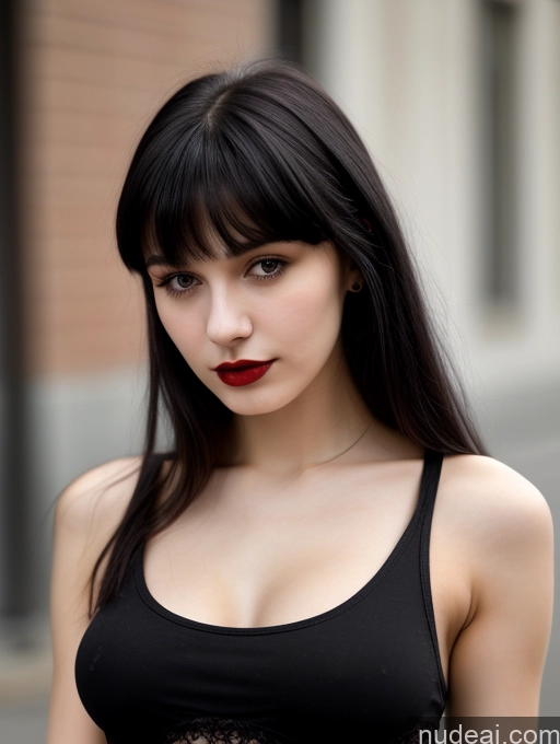 ai nude image of arafed woman with black hair and red lipstick posing for a picture pics of Small Tits Beautiful Skinny 18 Black Hair Russian Street Close-up View Goth Tank Top Bangs Lipstick