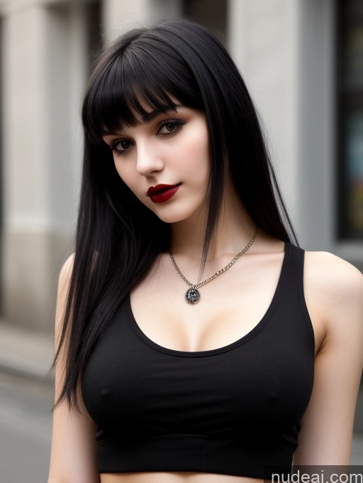 ai nude image of arafed woman with long black hair and a black top pics of Small Tits Beautiful Skinny 18 Black Hair Russian Street Close-up View Goth Tank Top Bangs Lipstick