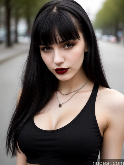 ai nude image of arafed woman with long black hair and a black top pics of Small Tits Beautiful Skinny 18 Black Hair Russian Street Close-up View Goth Tank Top Bangs Lipstick