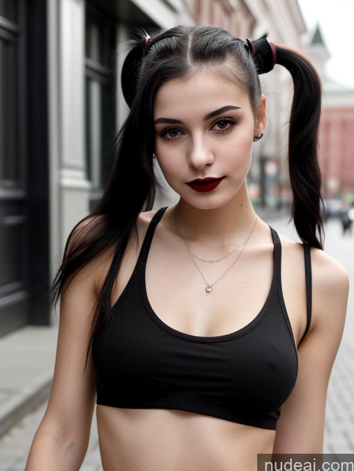 ai nude image of arafed woman with a ponytail in a black top and a necklace pics of Small Tits Beautiful Skinny 18 Black Hair Russian Street Close-up View Goth Tank Top Lipstick Pigtails