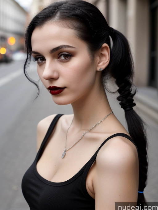 ai nude image of there is a woman with a black top and a red lipstick pics of Small Tits Beautiful Skinny 18 Black Hair Russian Street Close-up View Goth Tank Top Lipstick Pigtails