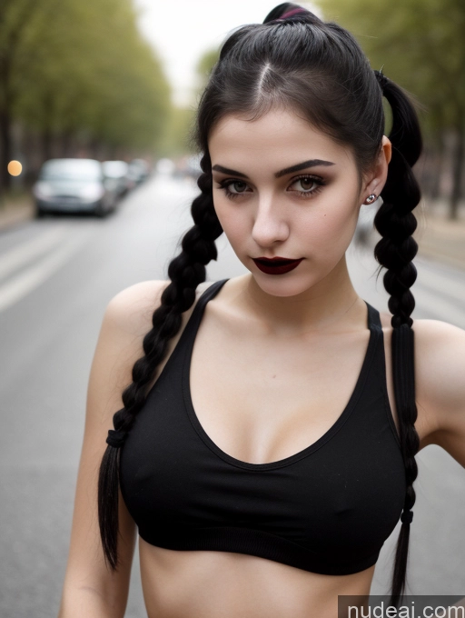 ai nude image of there is a woman with long hair and a black top posing for a picture pics of Small Tits Beautiful Skinny 18 Black Hair Russian Street Close-up View Goth Tank Top Lipstick Pigtails