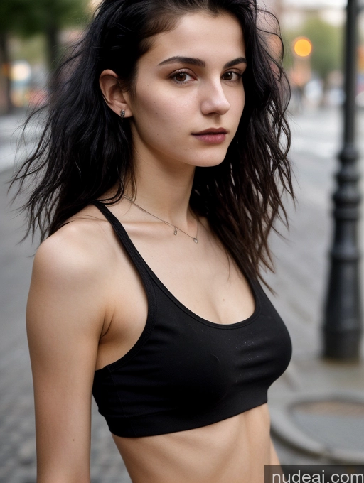 ai nude image of arafed woman in a black top and jeans standing on a sidewalk pics of Small Tits Beautiful Skinny 18 Black Hair Russian Street Close-up View Goth Tank Top Messy